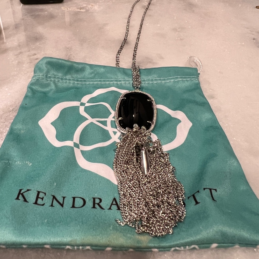 Kendra Scott black pendant necklace, long. Sterling silver chain.